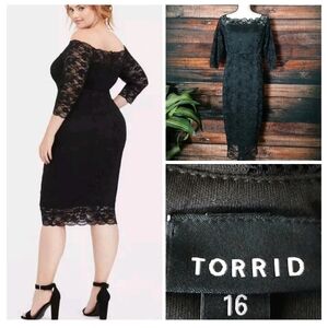 Torrid Midi Dress 16 Black Lace Off Shoulder 3/4 Sleeve